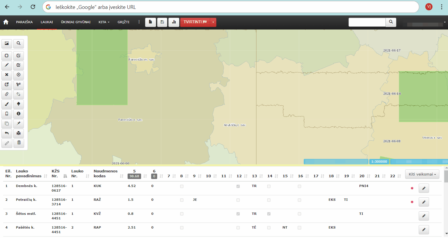 Deklaruotų laukų duomenys
